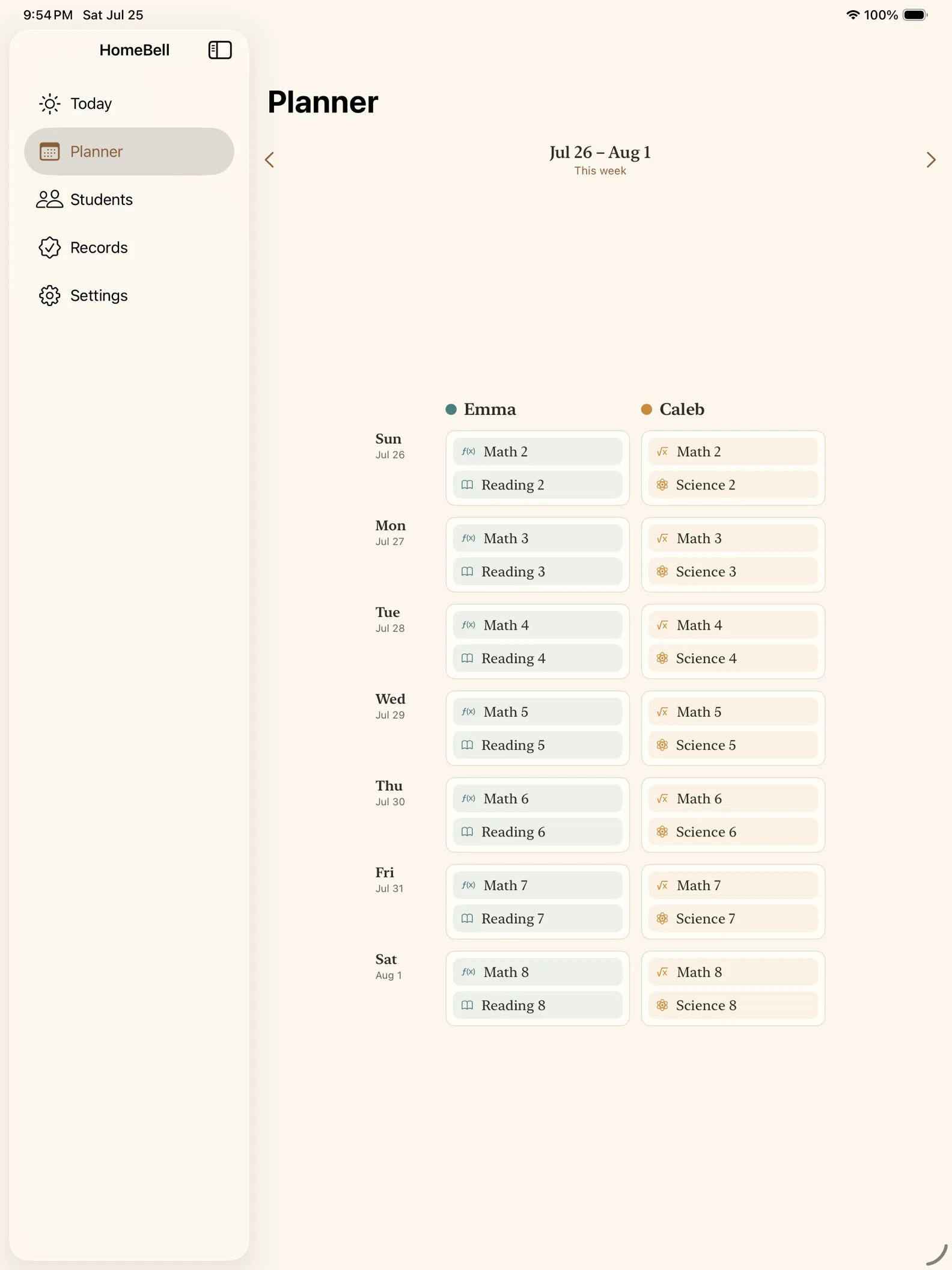 The multi-student kitchen-table planner grid on iPad