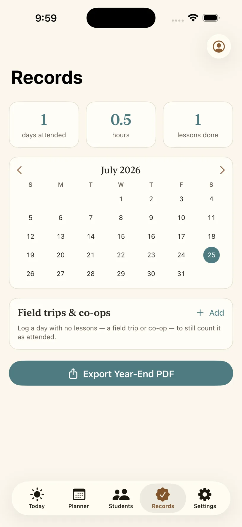 Records tab with attendance calendar and PDF export