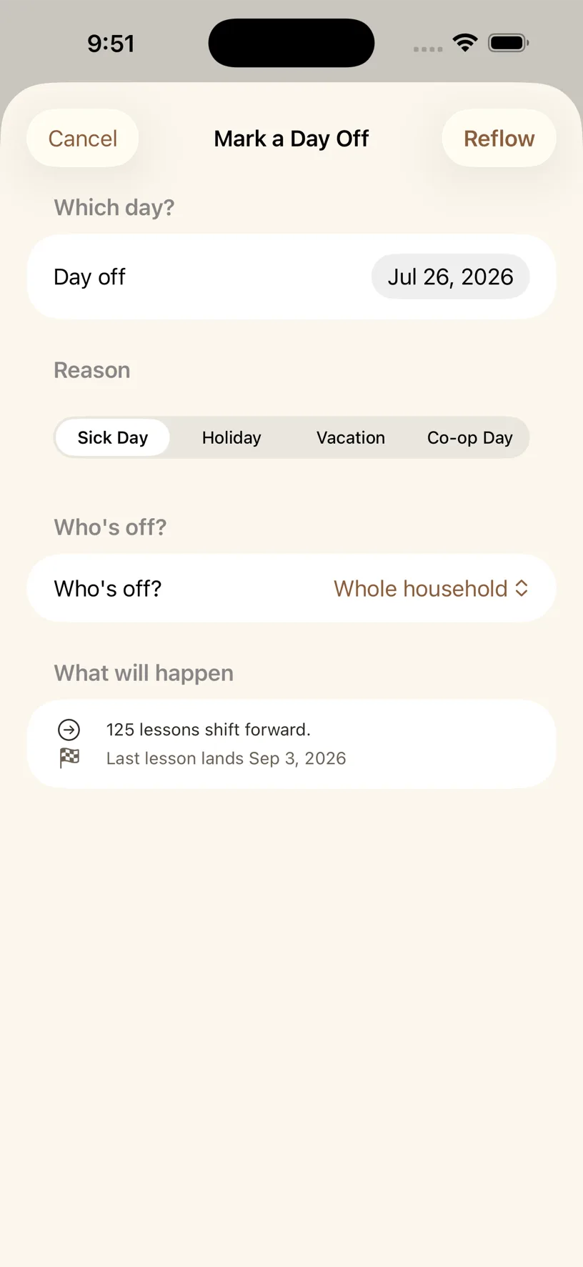 The Sick Day sheet with a live reschedule preview