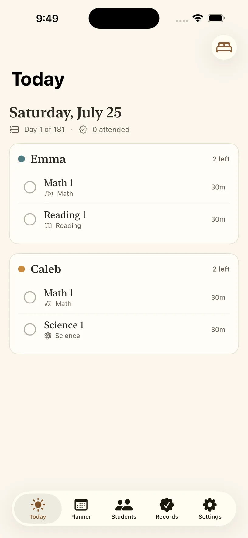HomeBell Today tab — the day's lessons as a simple checklist
